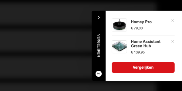 Screenshot van de sidepanel van de vergelijkingswidget met daarin twee smart home controllers