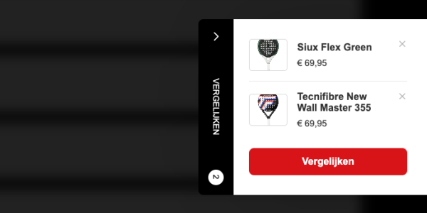 Screenshot van het sidepanel van de vergelijkingswidget met daarin twee padel rackets