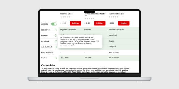 Voorbeeld van de vergelijkingswidget met advies op maat voor drie padel rackets